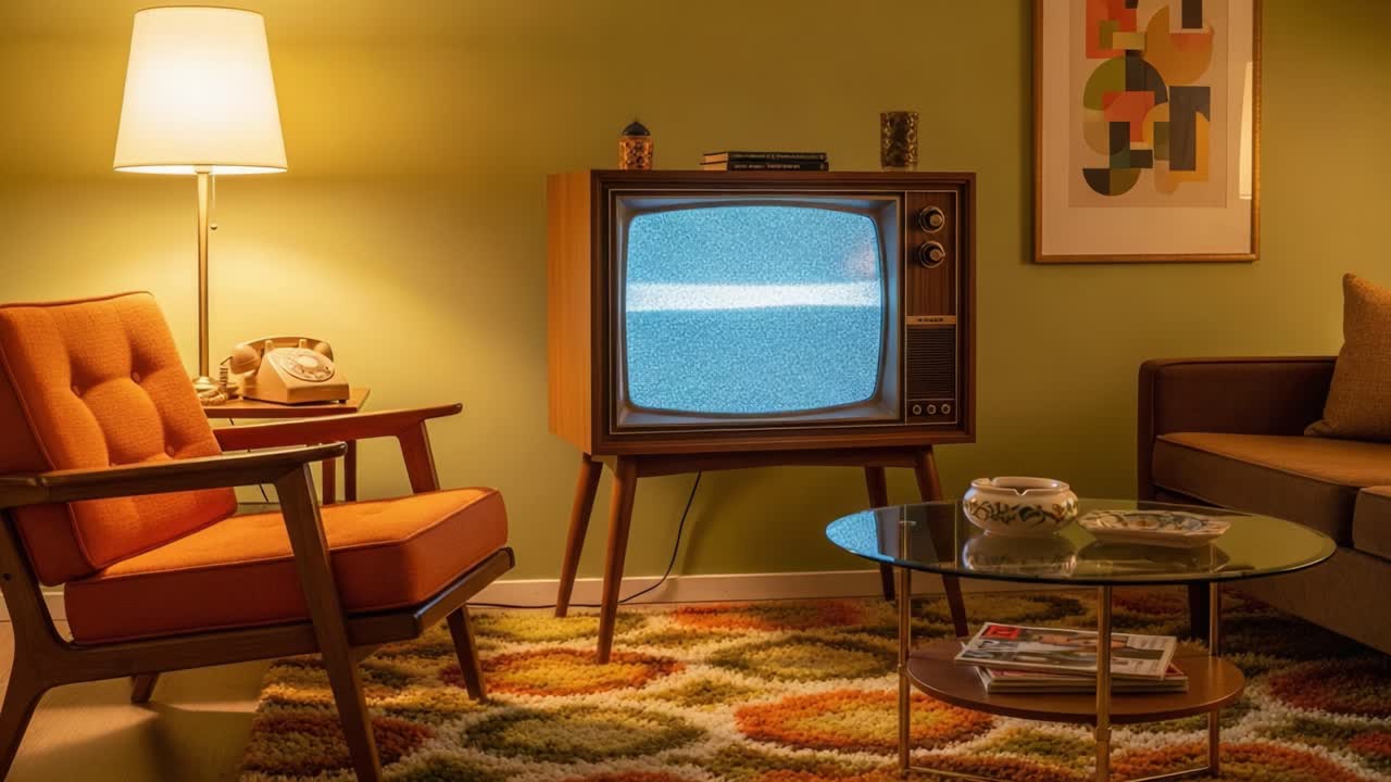 Vintage Living Room Scene Featuring Retro Television with Static and Cozy Furniture, Capturing Nostalgic Atmosphere and Mid-Century Modern Design Aesthetic
