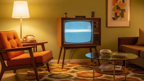 Vintage Living Room Scene Featuring Retro Television with Static and Cozy Furniture, Capturing Nostalgic Atmosphere and Mid-Century Modern Design Aesthetic