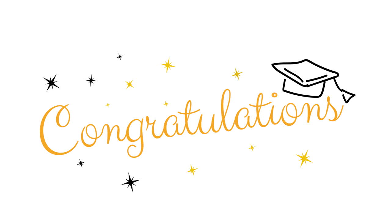 Animation of congratulations text and graduation cap on white background