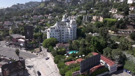 aerial view of famed chateau marmont hotel beside sunset boulevard