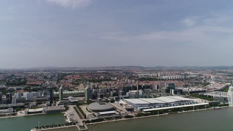 aerial footage of park of the nations in lisbon