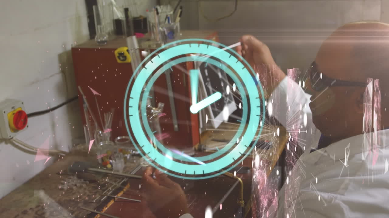 Animation of moving clock over biracial male scientist working in lab