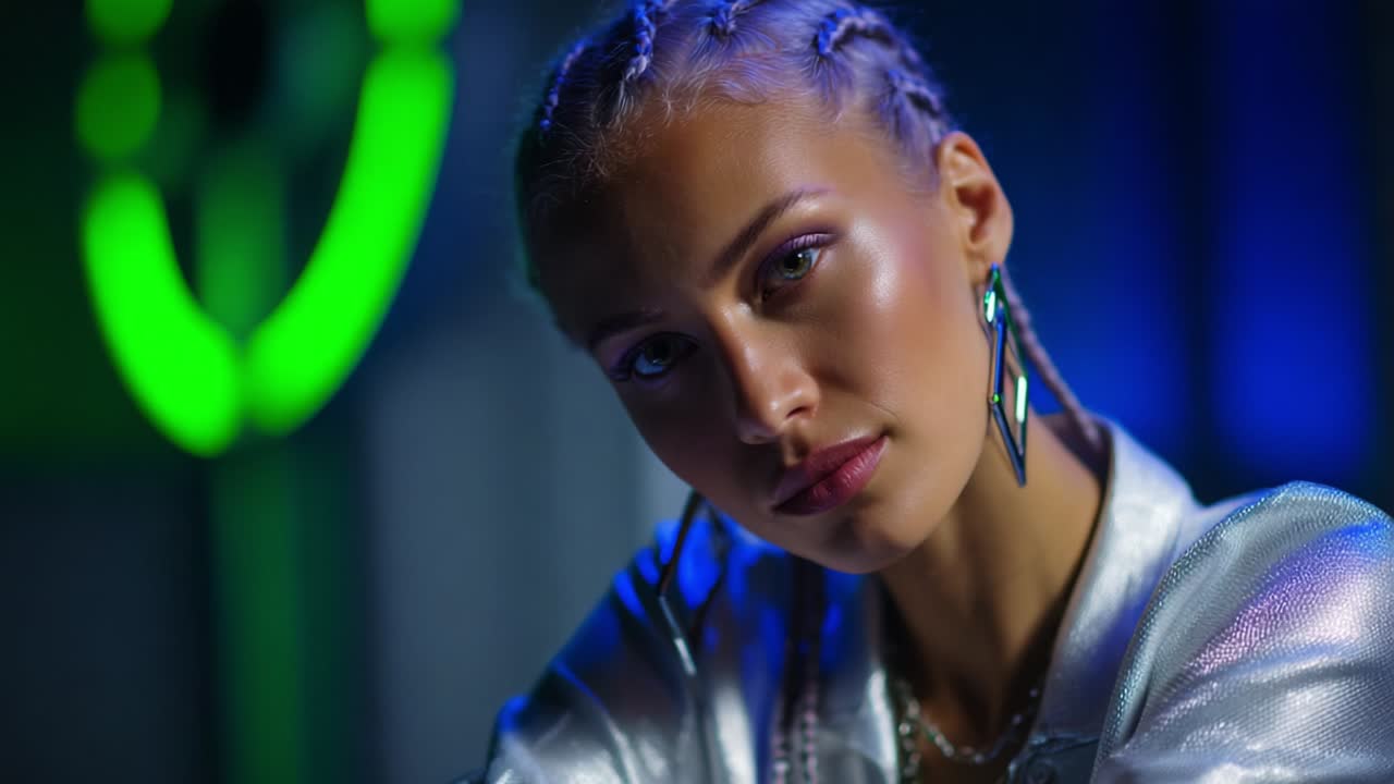 A Fashionable Young Woman with Braided Hair, Wearing Shiny Silver Apparel, Showcases a Captivating Pose Against a Background of Vibrant Neon Lights in a Visually Striking Urban Setting