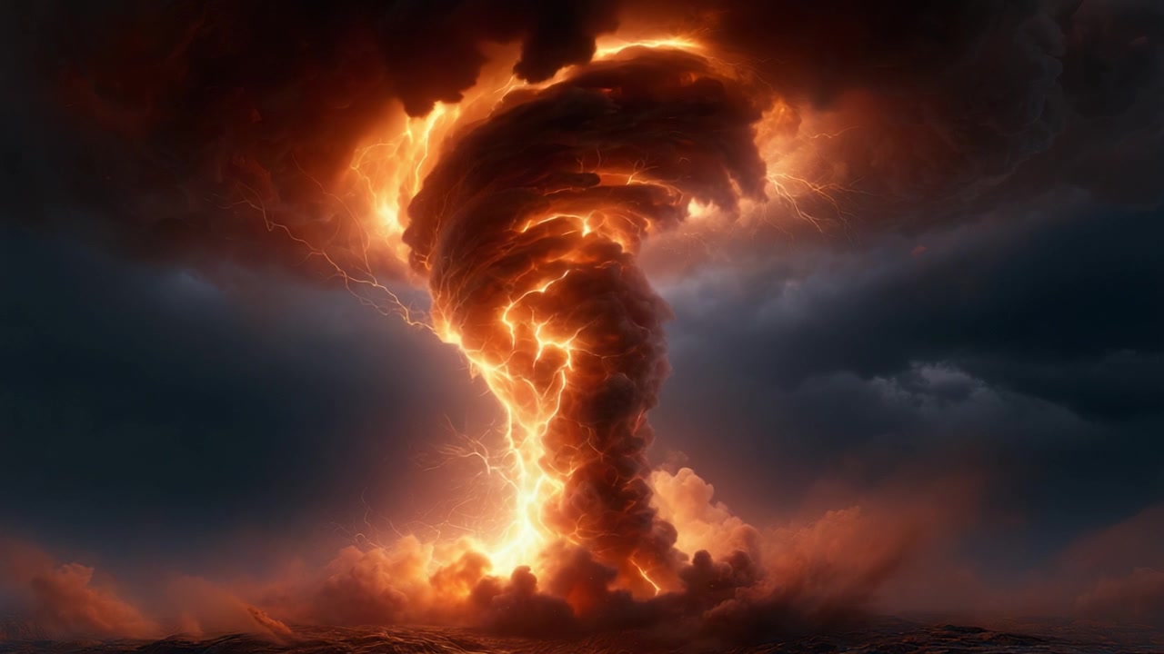 Tampilan Kemarahan Alam yang Memukau: Pembentukan Dramatis Tornado Berapi yang Dikelilingi Awan Gelap dan Diterangi oleh Kilatan Petir yang Menyambar