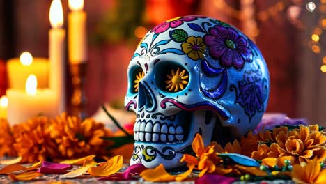 sugar skull decoration with flowers and candles