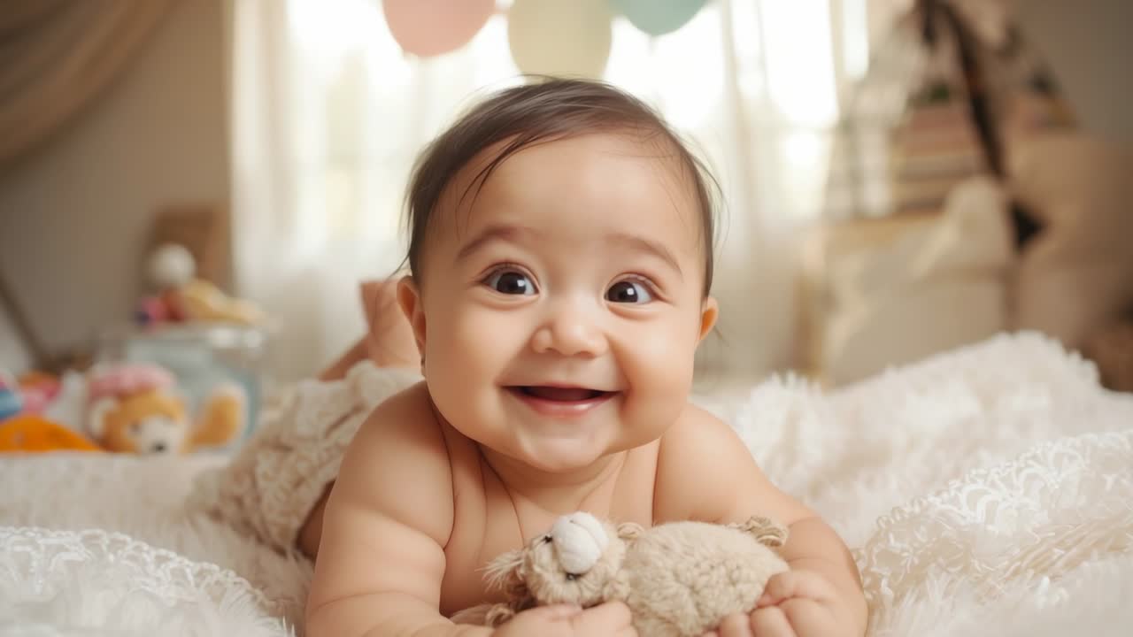 Grasping plush lamb initiating infant pushing up on forearms under pastel balloons in lit nursery