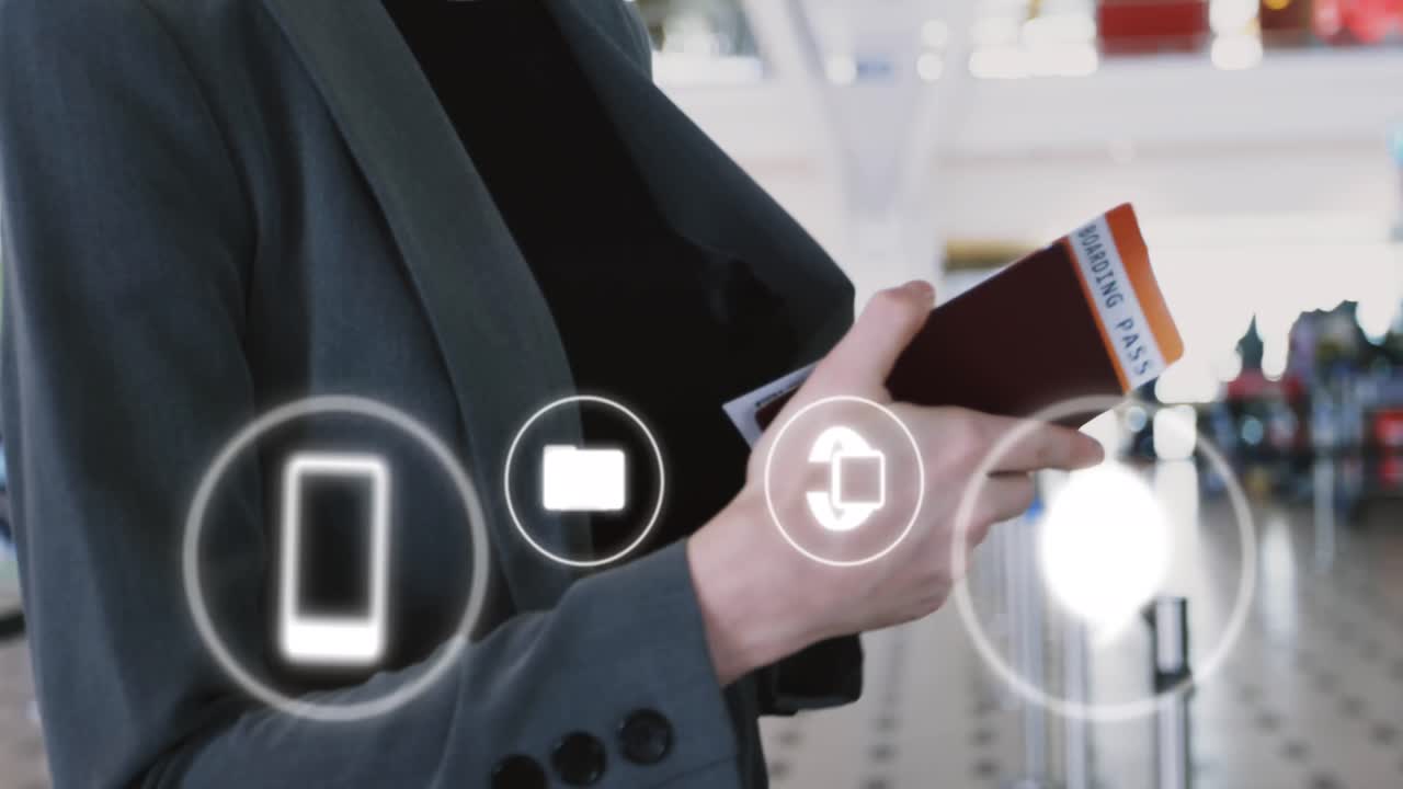 공항 대기열에 있는 백인 사업가 여성에 대한 소셜 미디어 아이콘의 애니메이션