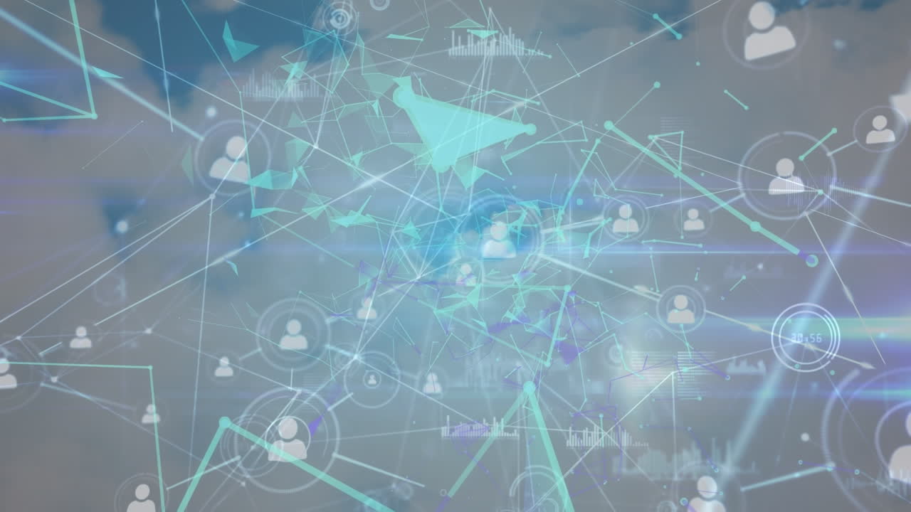 하늘 위의 아이콘으로 연결 네트워크의 애니메이션