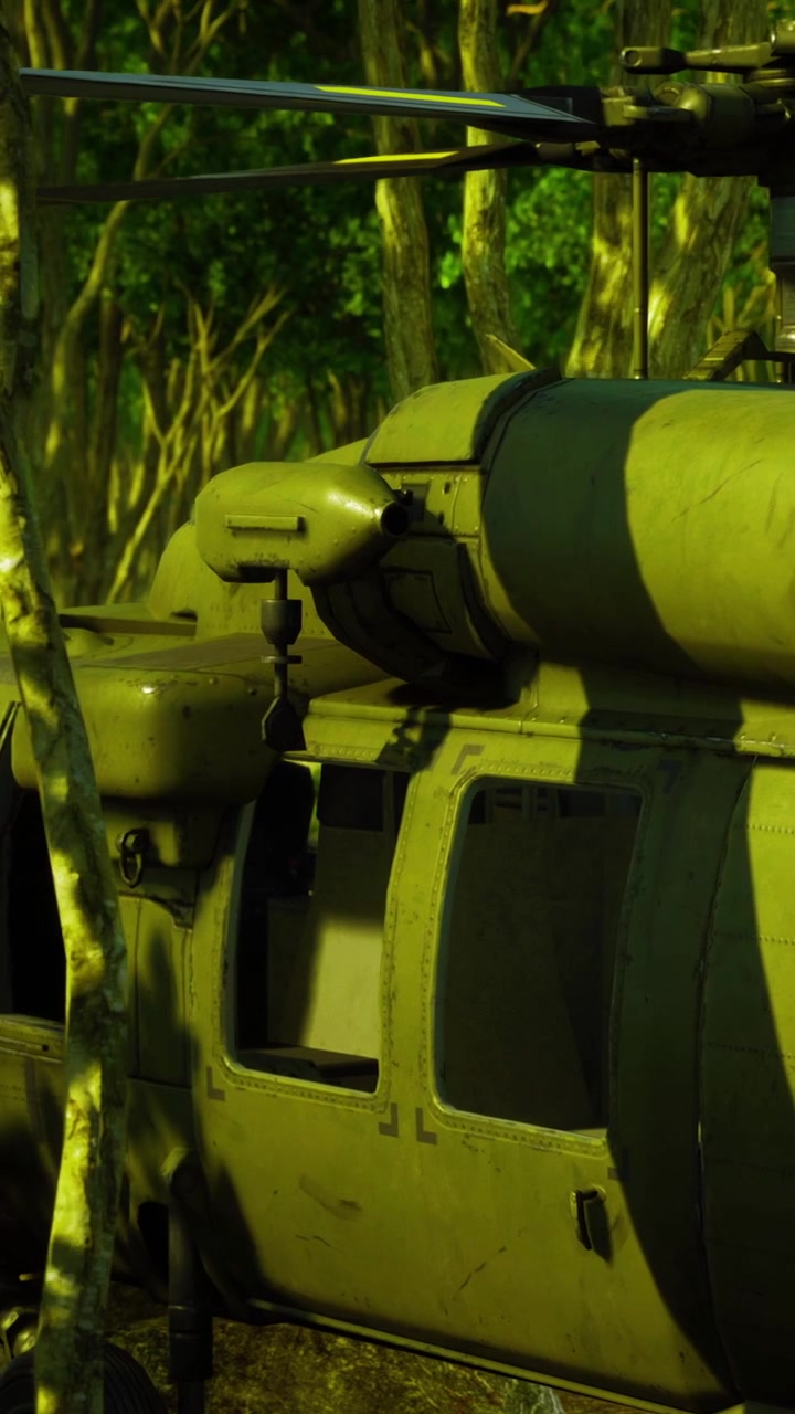 Elicottero militare parcheggiato tra gli alberi in una zona boschiva di giorno