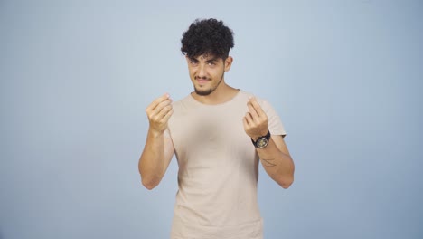 man making money sign with his hands.