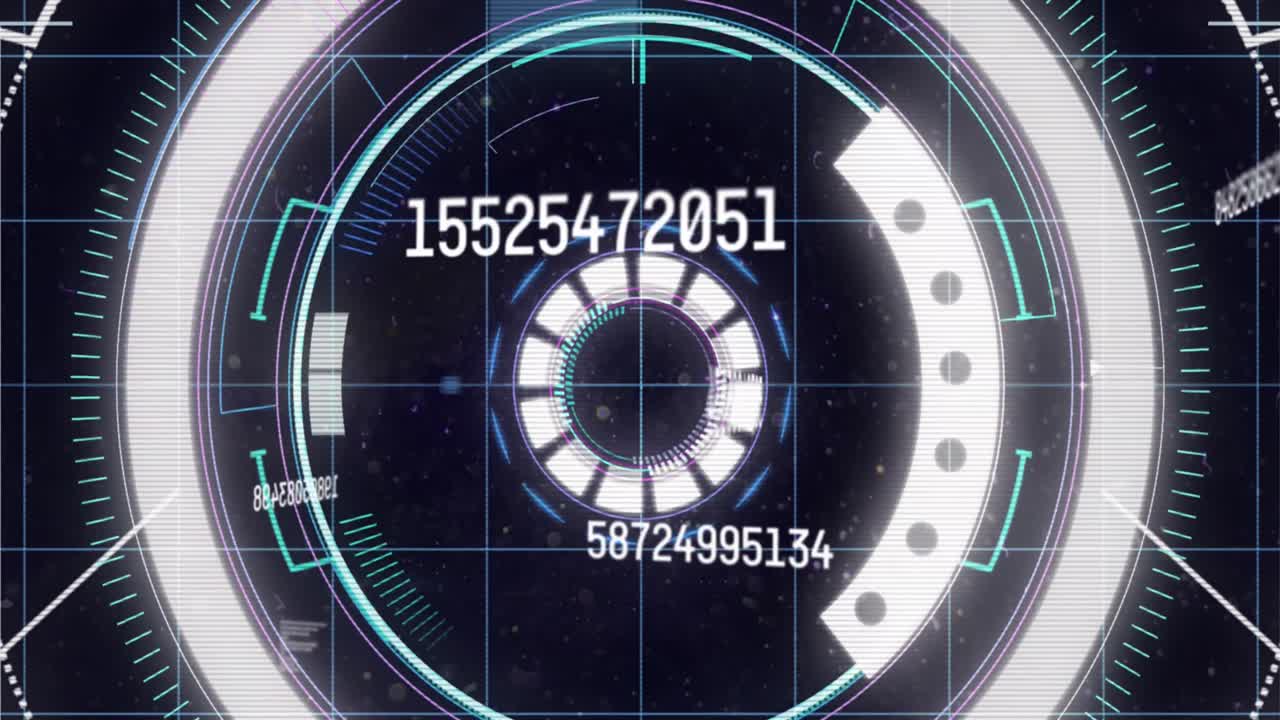 블랙 배경에 대한 둥근 스캐너를 통해 변화하는 숫자의 애니메이션과 데이터 처리