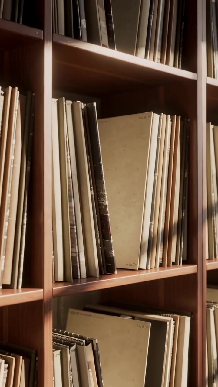 Vertical video: Pulling back camera revealing bookshelf on wooden shelf, showing beige binders