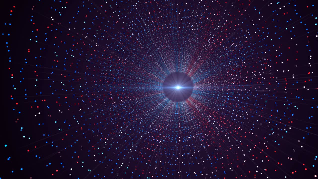 vuela a través de coloridos puntos de partículas púrpuras y azules túnel con destello de lente. animación de fondo moderna y futurista