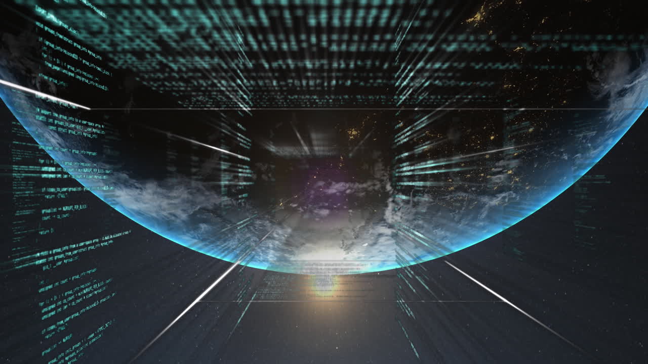 도시 풍경 위의 데이터 처리와 함께 지구의 애니메이션