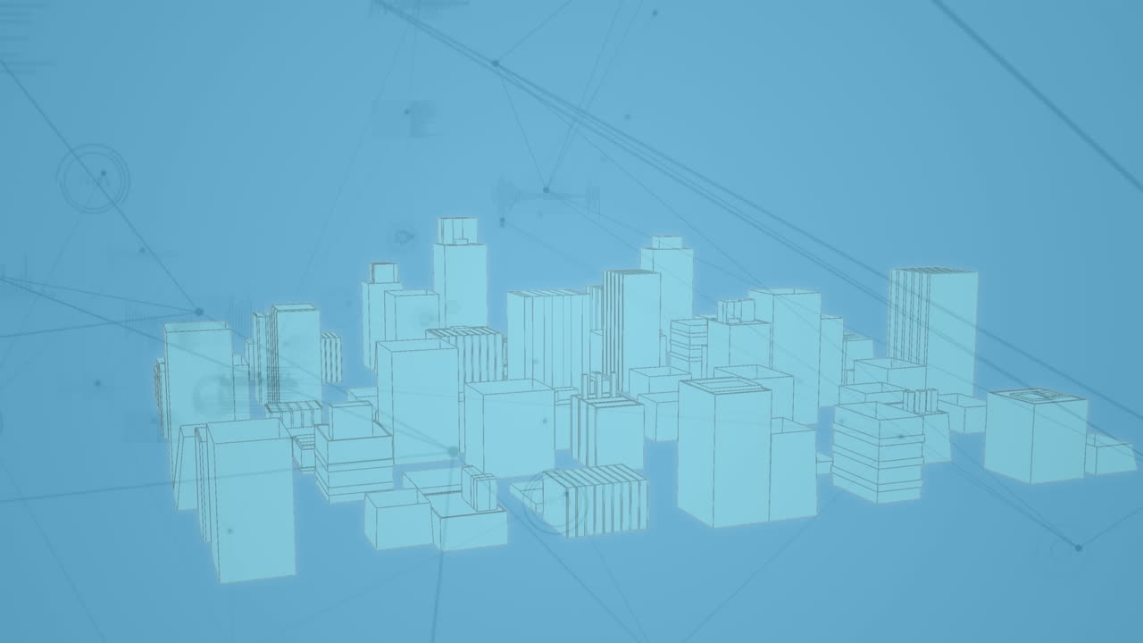 3d 도시 풍경 도면을 통해 연결 네트워크 및 데이터 처리의 애니메이션