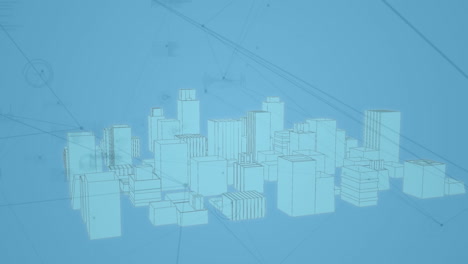 animation of network of connections and data processing over 3d cityscape drawing