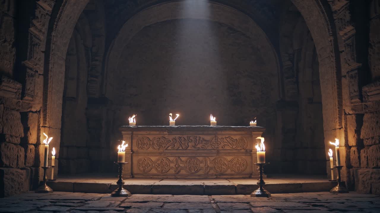 A mystical stone altar in a dimly lit ancient chamber, captured from a low angle