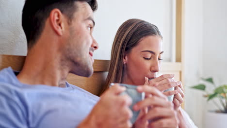 conversation, coffee and young couple in bed