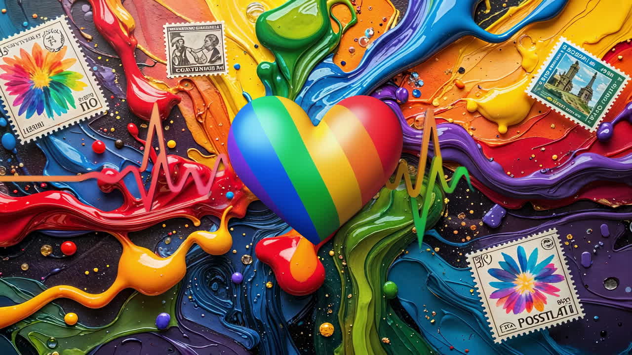 Vibrant Rainbow Heart with Flowing Paint and Heartbeat Lines