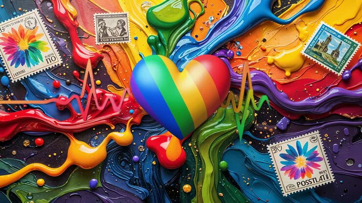 Vibrant Rainbow Heart with Flowing Paint and Heartbeat Lines