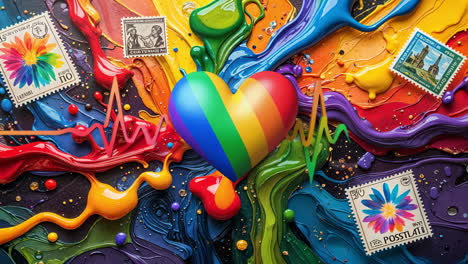 vibrant rainbow heart with flowing paint and heartbeat lines