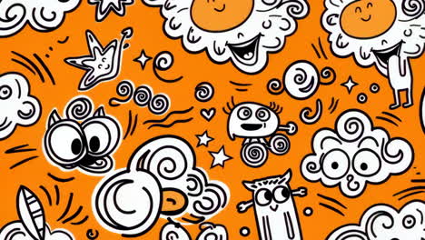whimsical orange doodle pattern with cartoon characters