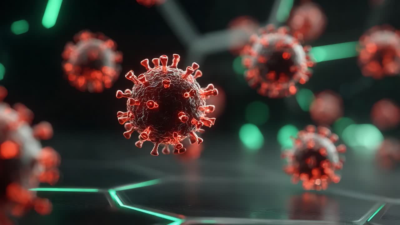 Visualizzazione complessa di particelle virali in un ambiente illuminato al neon, che ne evidenzia la struttura e le dinamiche in un contesto scientifico