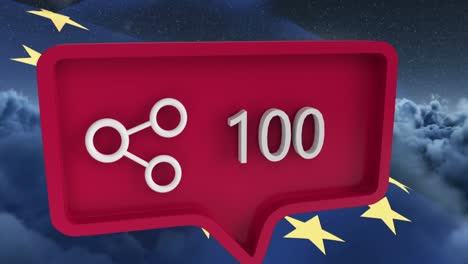 Animation-of-share-icon-with-numbers-on-speech-bubble-with-european-union-flag