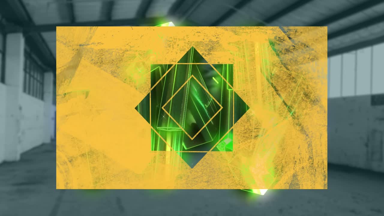 animación de forma de estrella abstracta sobre formas de cristal verde y espacio de copia contra el almacén vacío