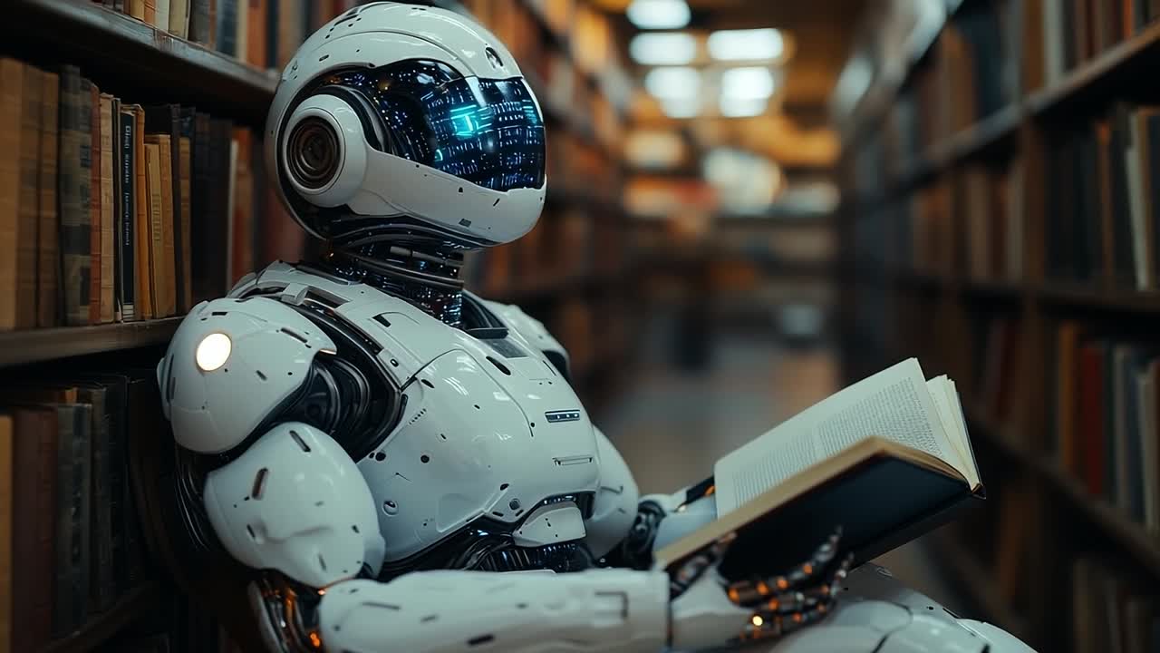 Robot reading in an old library. A humanoid robot sits among shelves of books in a library, intently reading a large book.
