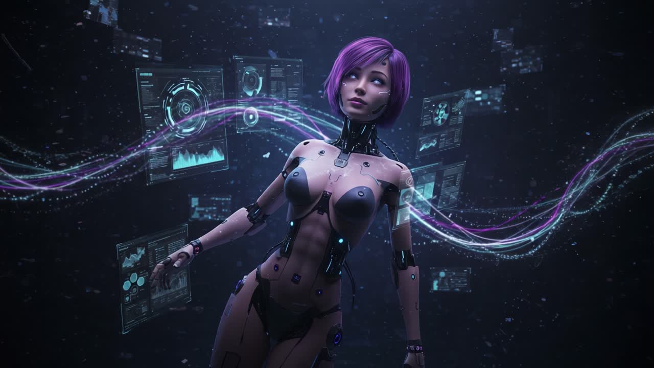 A futuristic female android with purple hair navigating a high-tech digital environment filled with holographic data displays and cybernetic elements, showcasing advanced robotics and artificial intelligence.