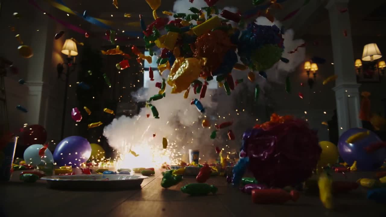En gnistrende, central piñata-klynge eksploderer i salen og sender slik og konfetti ud til festen.