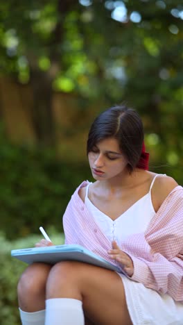 young woman drawing on a digital tablet outdoors