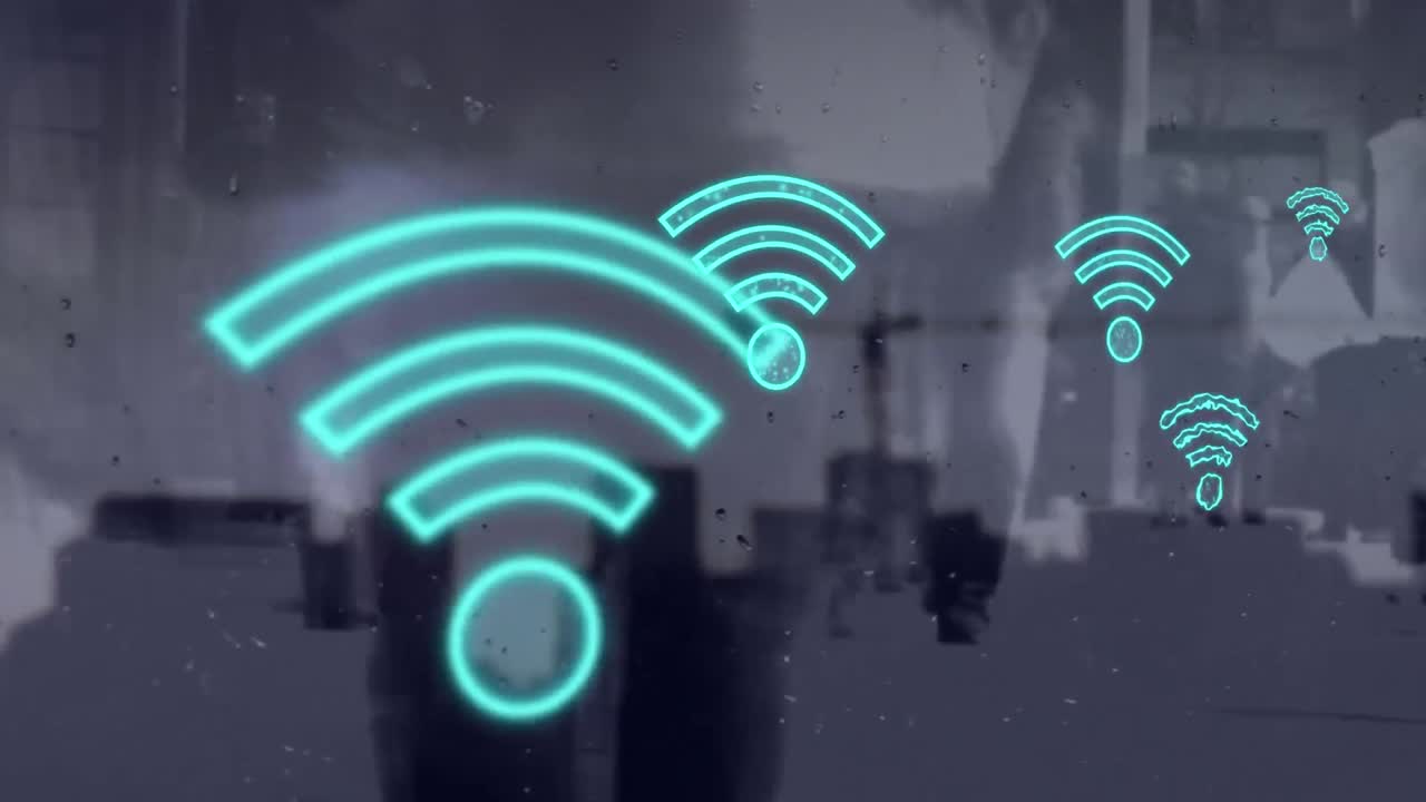 animación de iconos wifi digitales que vuelan sobre el paisaje urbano