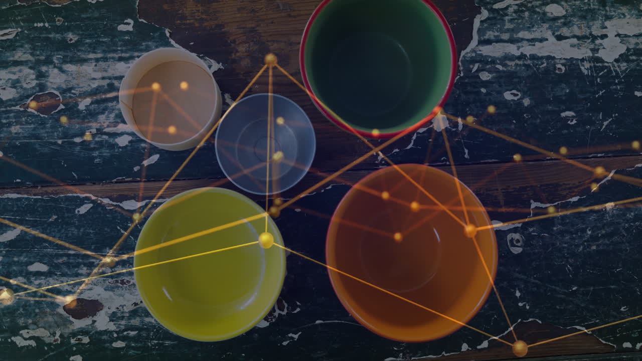 Empty bowls floating over rustic tabletop, showcasing glowing network overlay in flat design