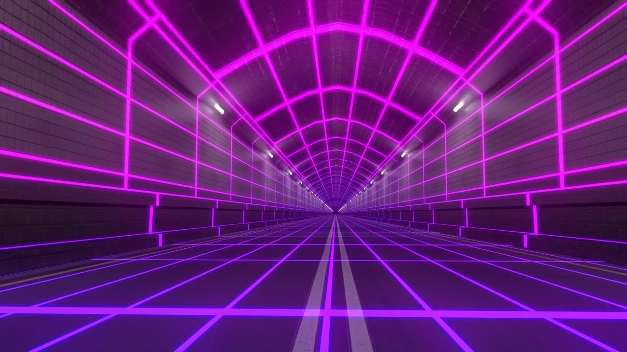 túnel bucle 80s retro tron futuro wireframe arcade road tubo metro neón resplandor 4k