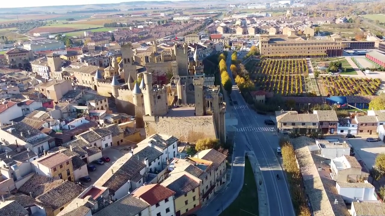 Palazzo Reale di Olite. Veduta aerea del castello e dei merli medievali al tramonto. Castello da favola. Olite. Navarra. Spagna.