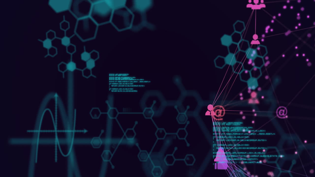 Animation of network of connections with icons, chemical compounds and data processing