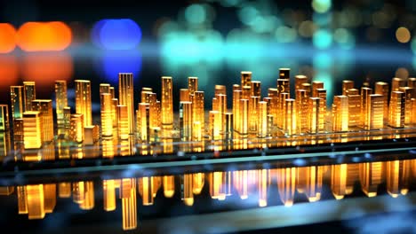 abstract cityscape with glowing elements reflecting on water at night