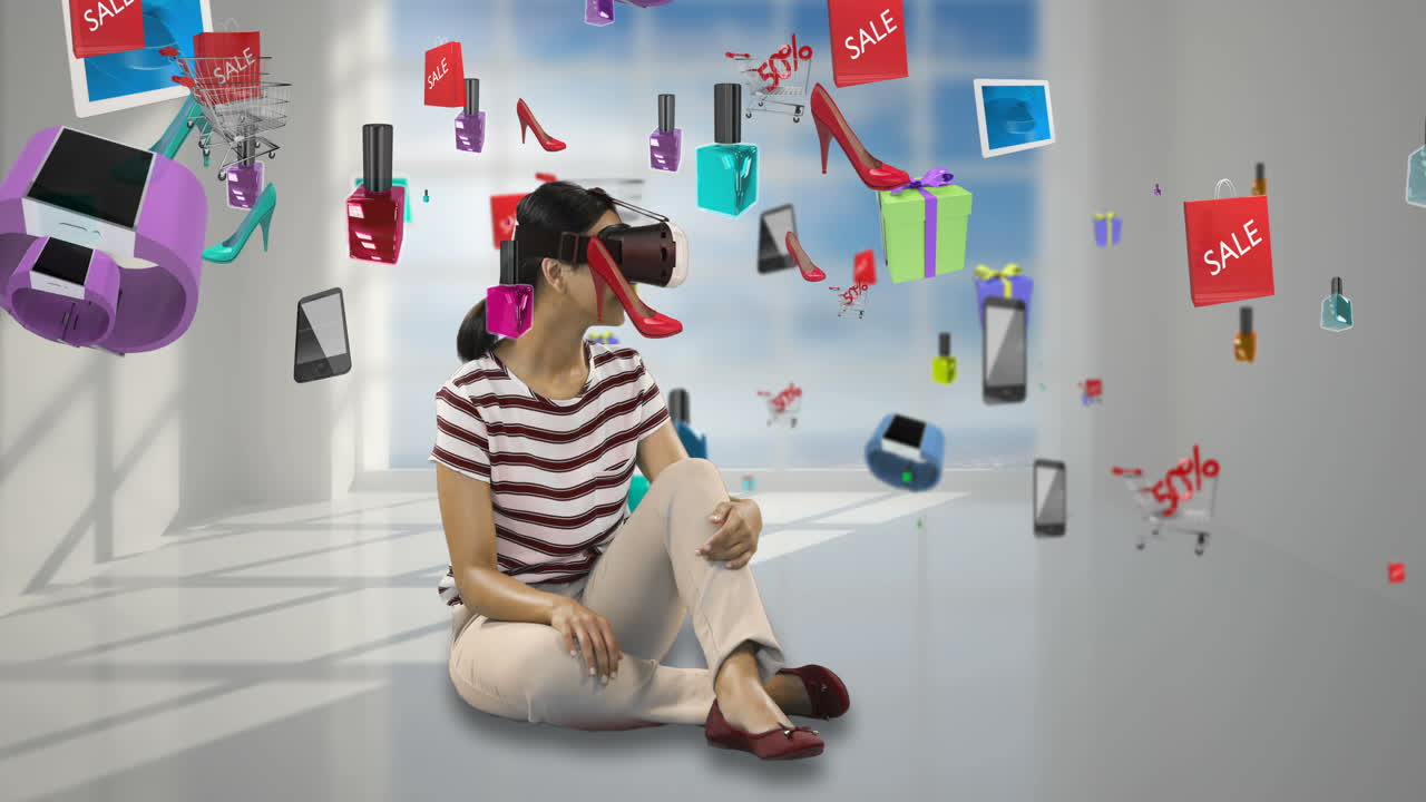 mujer usando auriculares de realidad virtual con iconos de venta generados digitalmente 4k