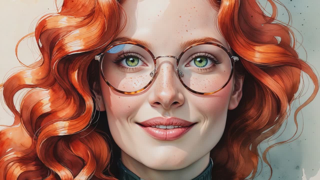 Displaying red-haired woman blinking in studio close-up shot, wearing eyeglasses and green top