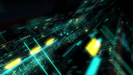 volando sobre un fondo de movimiento abstracto, una placa de circuitos futurista, una placa base digital.