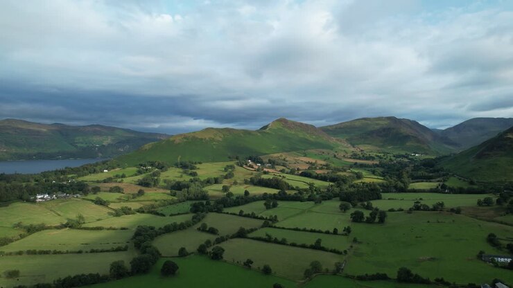 Aerial view over the Newlands Valley to Catbells, Cumbria, UK