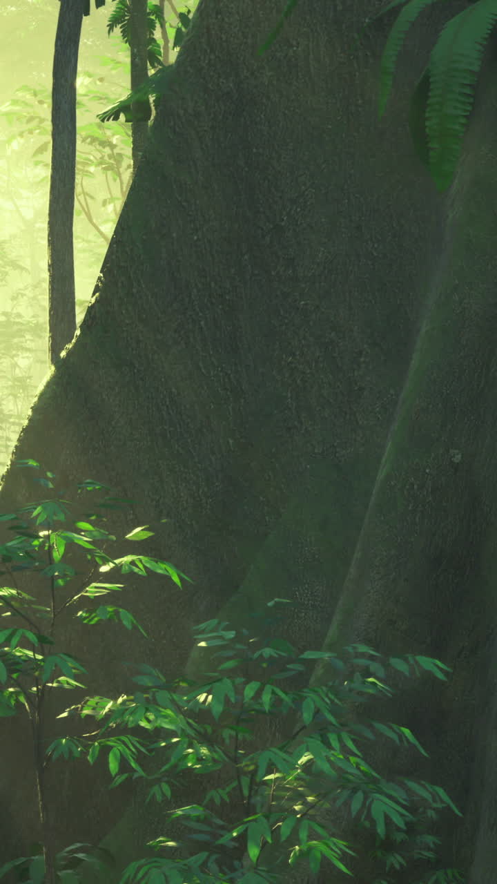 Majestic tree in vibrant rainforest during morning light