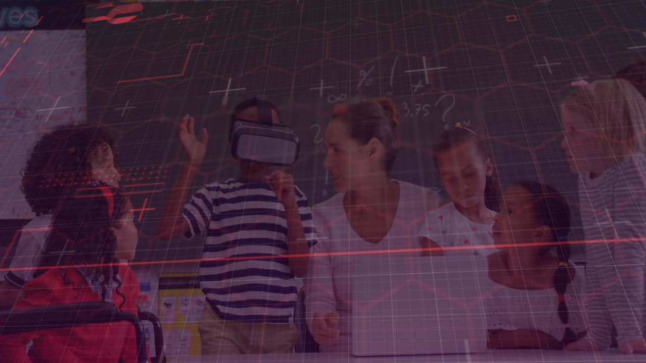 학교에서 vr 헤드 ⁇ 을 착용 한 아프리카계 미국인 소년에 대한 육각형 모양과 빛의 흔적