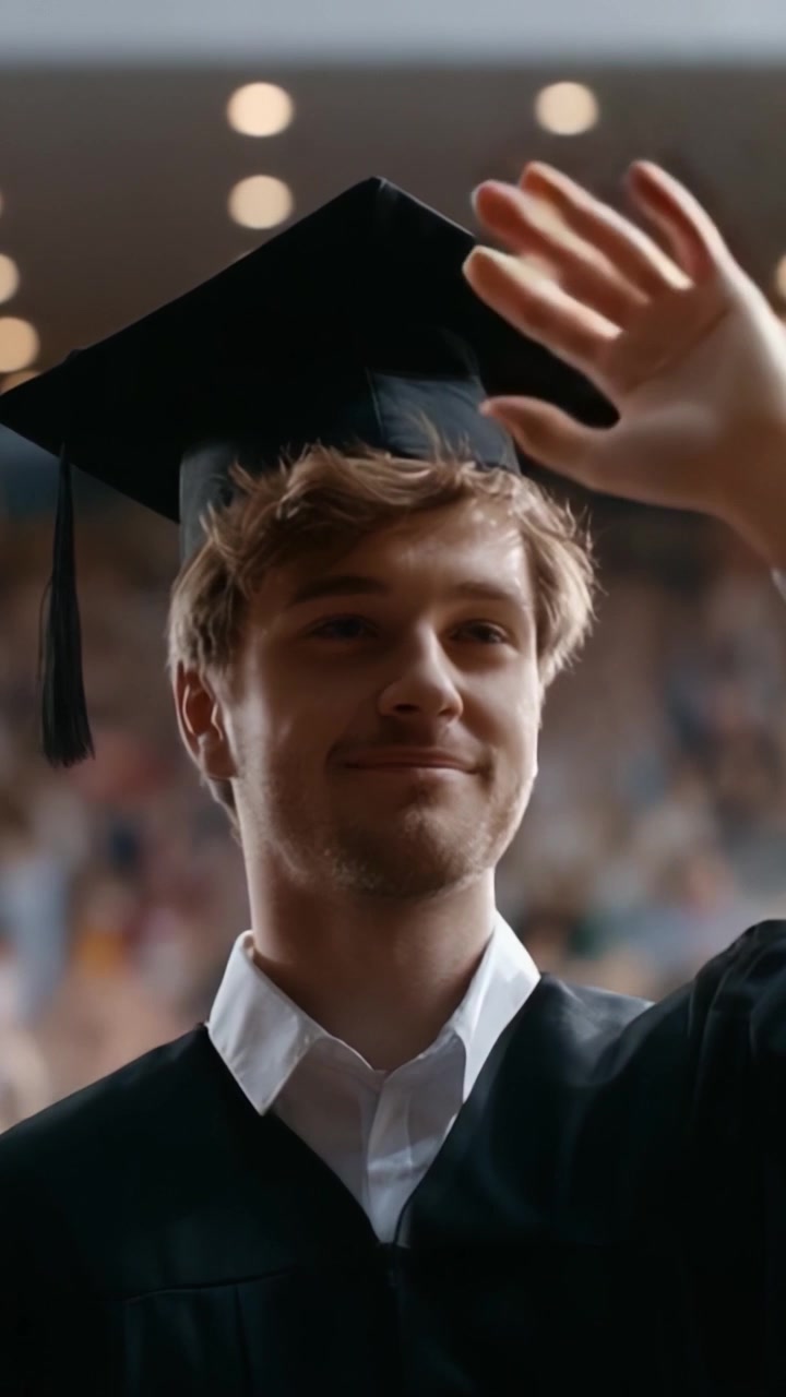 Un laureato orgoglioso celebra un traguardo con un gesto di gratitudine alla cerimonia di laurea, segnando una tappa significativa nel suo percorso di studi