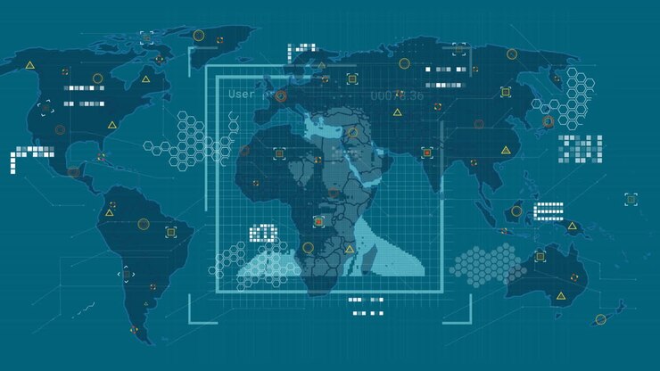 Animation of data processing with people portraits over world map on blue background