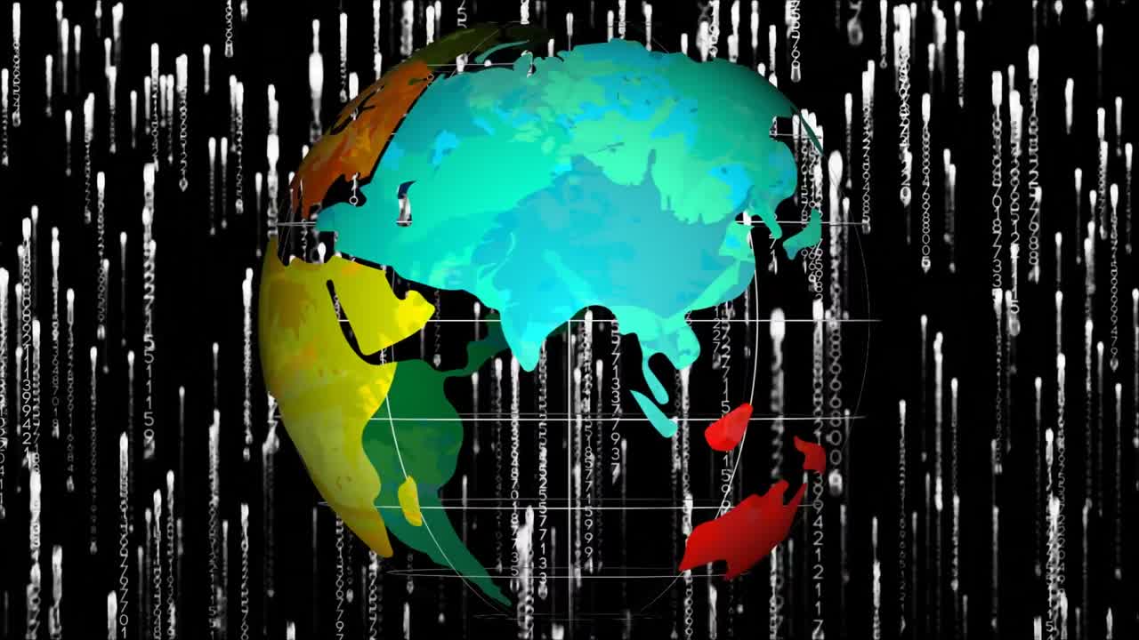 검은색 배경에 지구상에 떨어지는  ⁇ 색 줄무 ⁇ 의 애니메이션