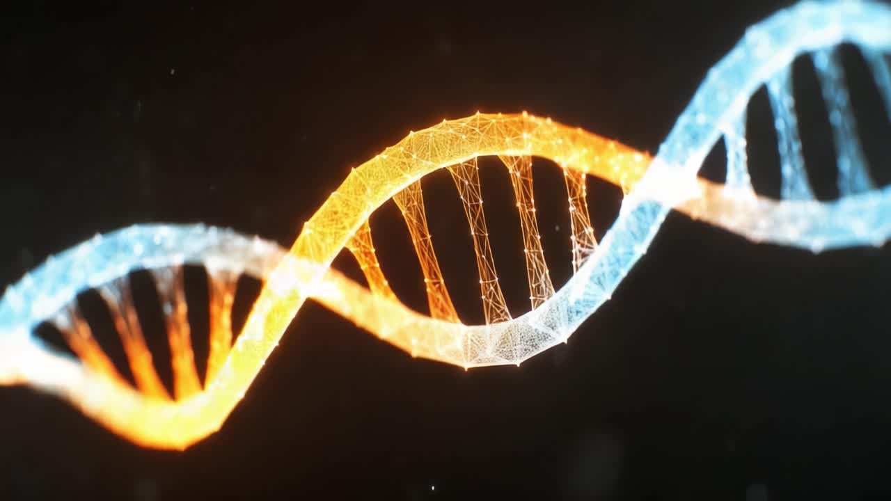 Rappresentazione visivamente sorprendente di una doppia elica del DNA con dinamici motivi arancioni e blu, che evidenzia la complessità delle strutture genetiche e della biologia molecolare
