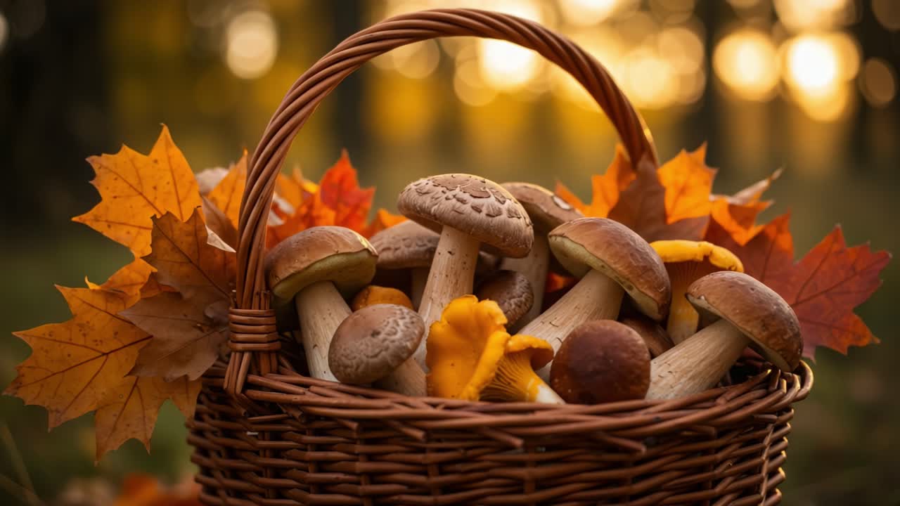 Un bellissimo cesto autunnale riempito di funghi appena raccolti, circondato da foglie cadute colorate in un ambiente forestale illuminato delicatamente.